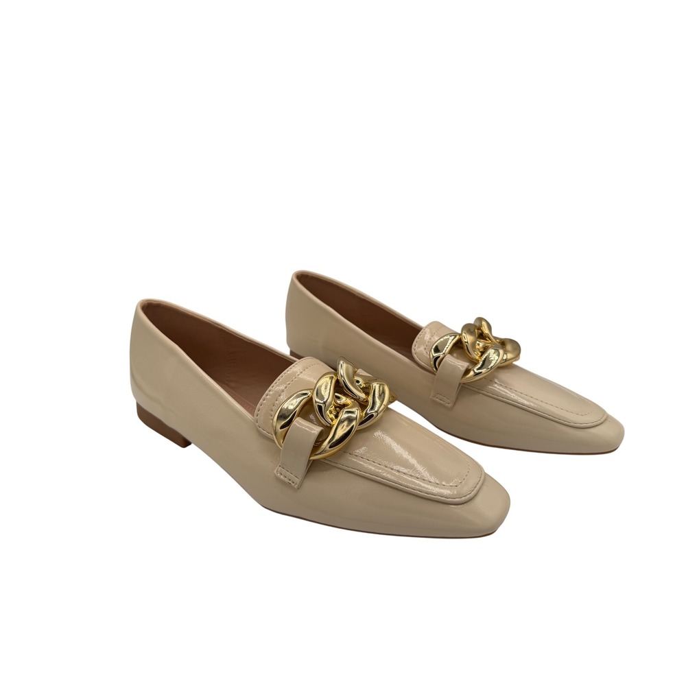 Samilor Womens Beige Patent Gold Chain Square Toe Flat Loafers Size 8